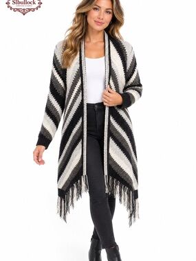Q7 MaxSport Black Gray Fringe Open Front Cardigan Size Small